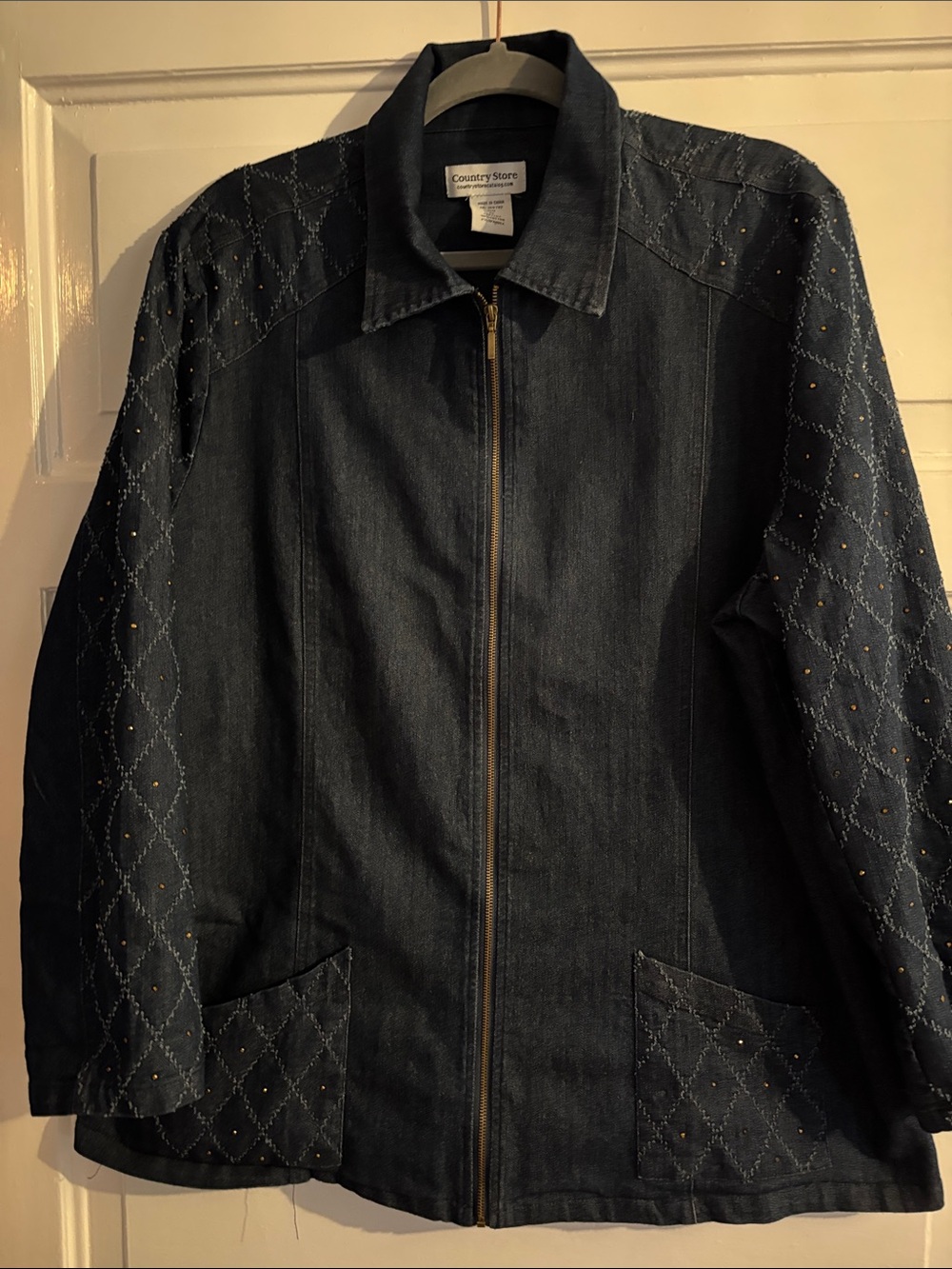 Country store Women's Dark Denim Zip Front Jacket with small rhinestones.